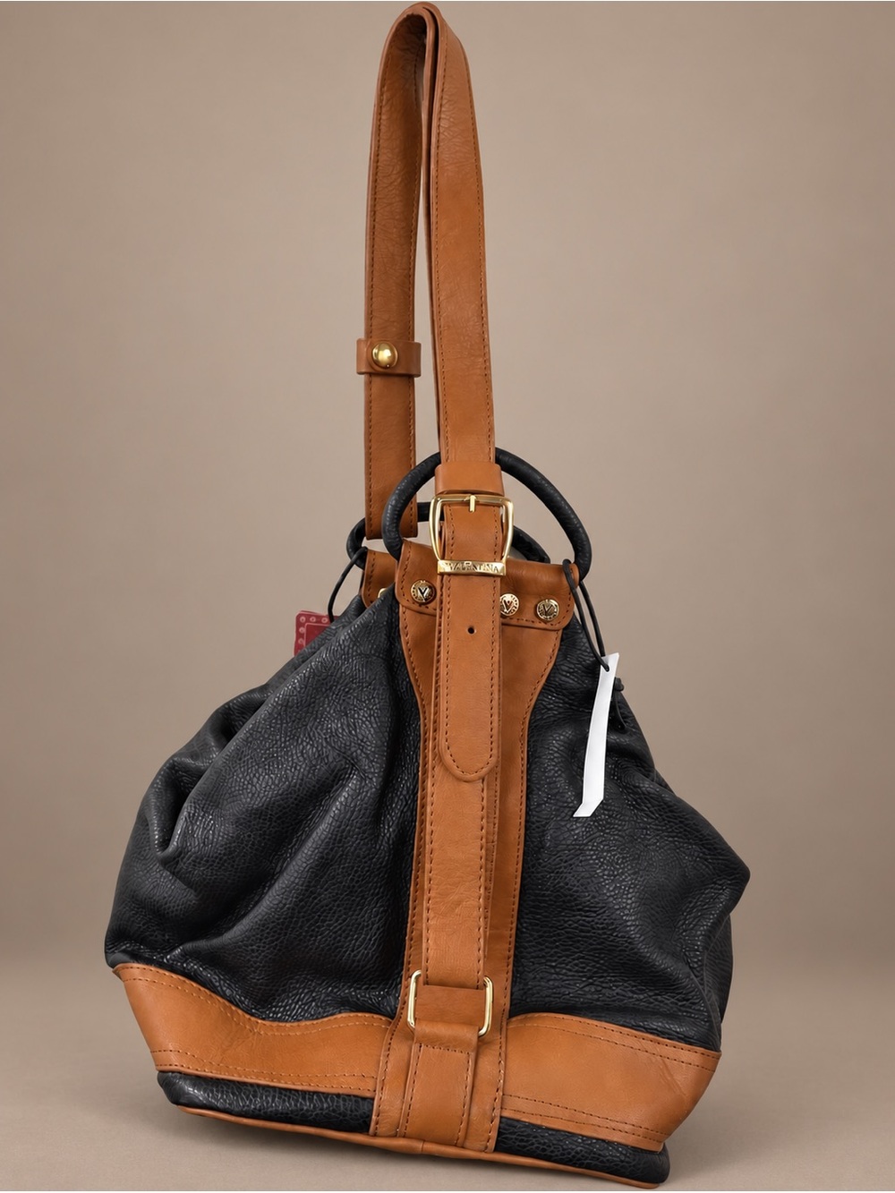 Valentina Italian Leather Convertible Backpack Bag Black Cognac NWT